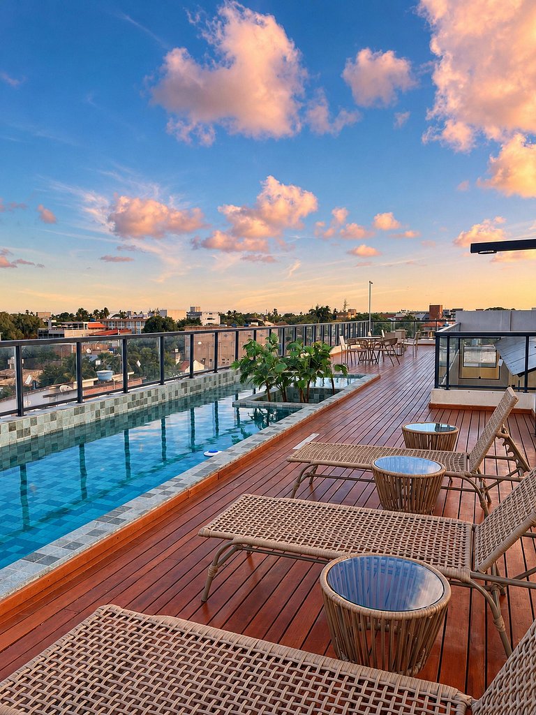 Confortável flat, 1 quarto e piscina no rooftop