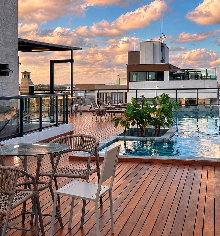 Confortável flat, 1 quarto e piscina no rooftop
